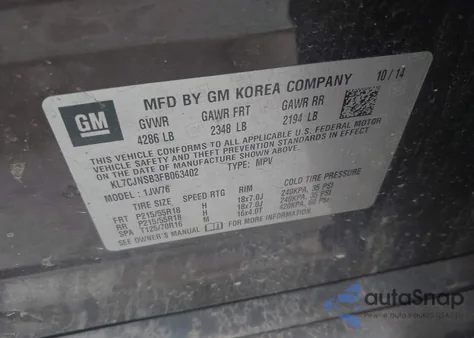 2015 Chevrolet Trax Ltz from USA, damaged, VIN KL7CJNSB3FB063402